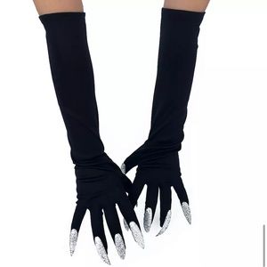 Long black gloves with SILVER Claws - nail gloves Halloween cosplay witch goth